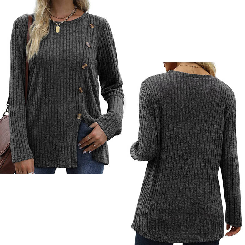 Beakey Long Sleeve Tops for Women Button Decor Loose Tunic Blouse-Dark Gray