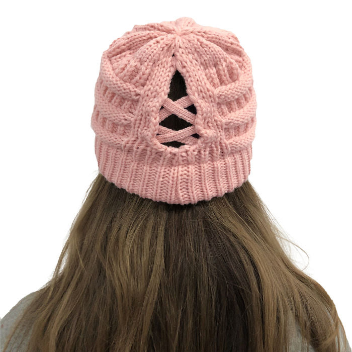 Beakey Soft Stretch Cable Knit Hat Ponytail Beanie Winter Hat For Women-Pink