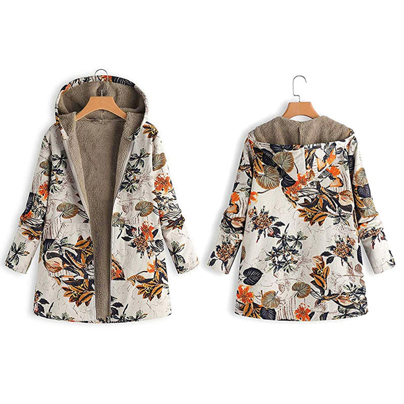 Beakey Womens Bohemian Floral Print Jacket Plush Hooded Warm Coat-A
