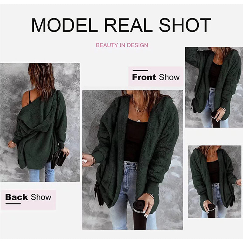 Beakey Womens Long Sleeve Fuzzy Fleece Jacket Hooded Cardigan Coat with Pockets-Army Green