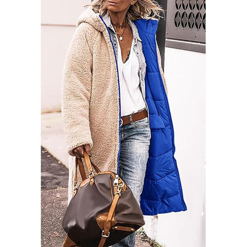 Beakey Womens Long Coats with Hood Fleece Lining Oversized Jackets-Blue