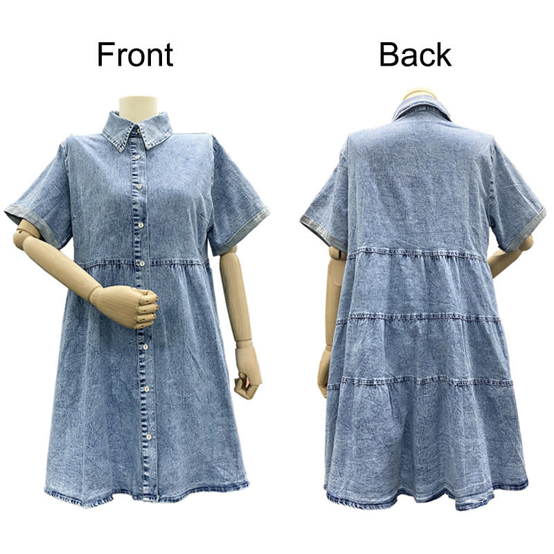 Beakey Womens Casual Denim Dress Short Sleeve Button Down Tiered Babydoll