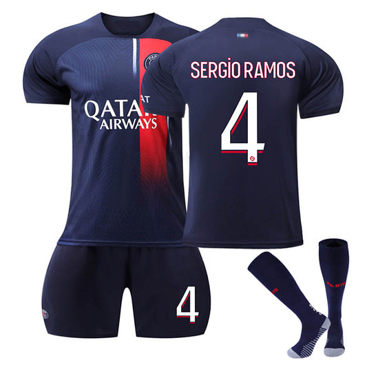 Beakey Paris Home Jersey SERGIO RAMOS #4 Soccer Jersey Kids Adult 3-Pieces Jersey Kits