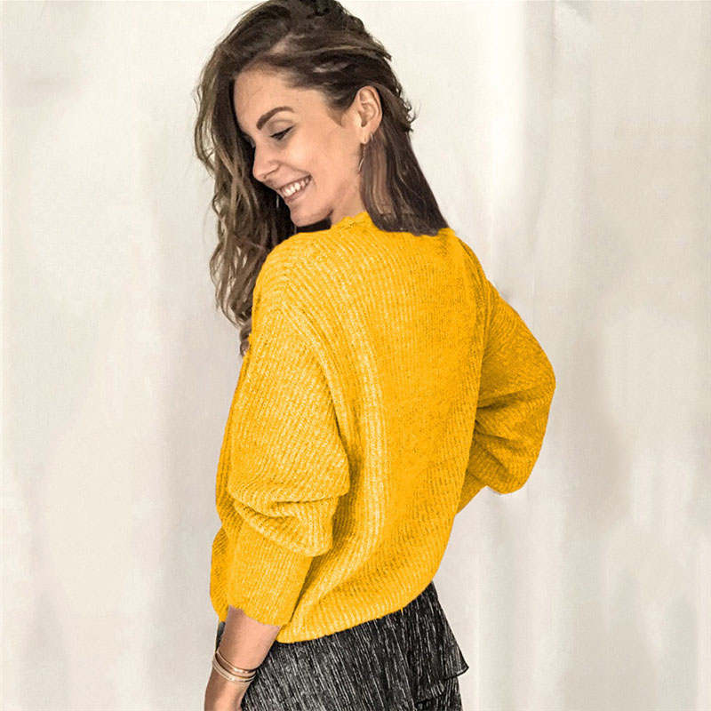 Beakey Womens Pullover Sweater Lace V Neck Long Sleeve Button Top-Yellow