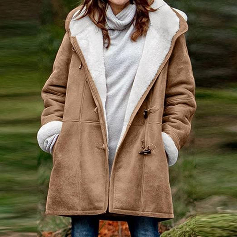 Beakey Fleece Jackets for Women Horn Button Winter Hooded Outwear-Brown