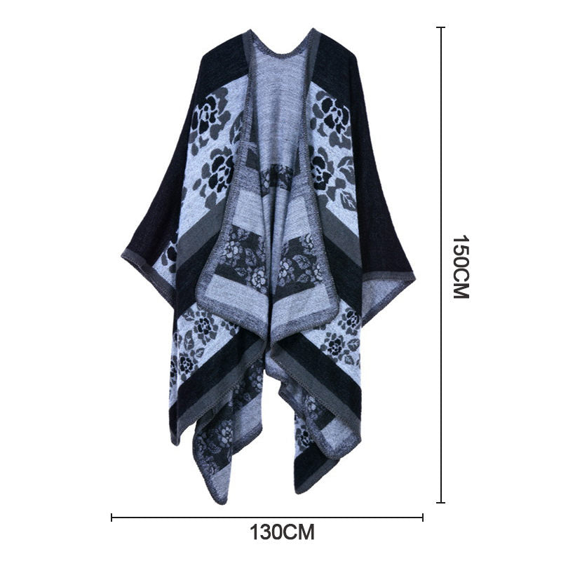 Beakey Womens Winter Reversible Oversized Blanket Cape Shawl-Flower Black
