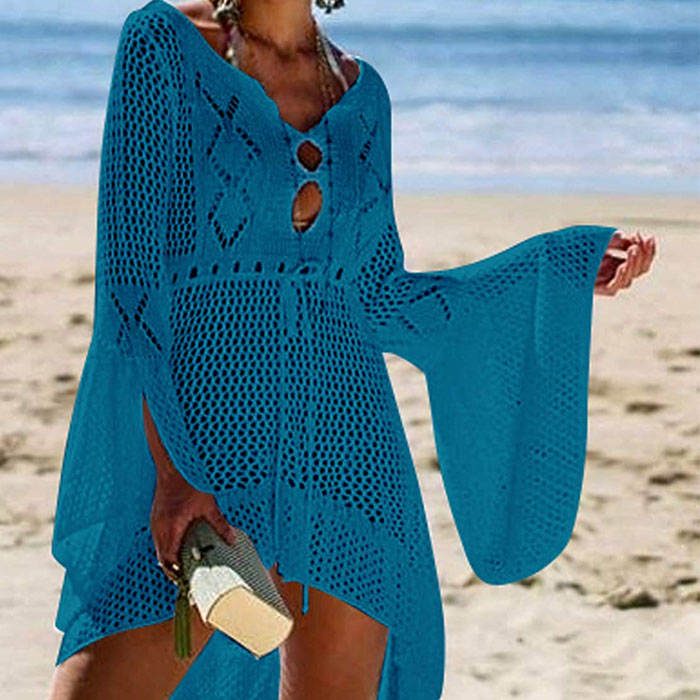 Beakey Women Beach Swimsuit for Women Flared Sleeves Coverups Bikini Loose Cover Up Net-Peacock Blue