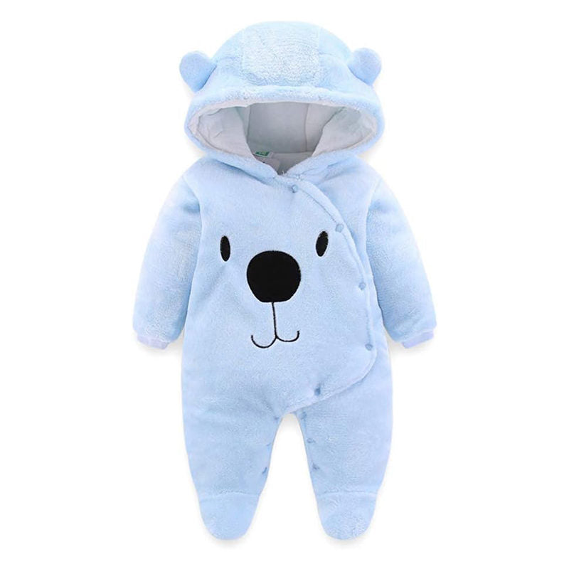 Beakey Cute Bear Hooded Snowsuit for Baby Button Footie Fleece Jumpsuit-Blue