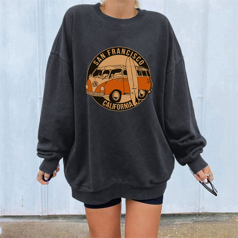 Beakey Vintage Sweatshirt for Women Bus Graphic Crewneck Fleece Pullover-Grey