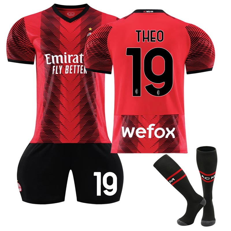 Beakey AC Milan Home Jersey THEO #19 Soccer Jersey Kids Adult 3-Pieces Jersey Kits