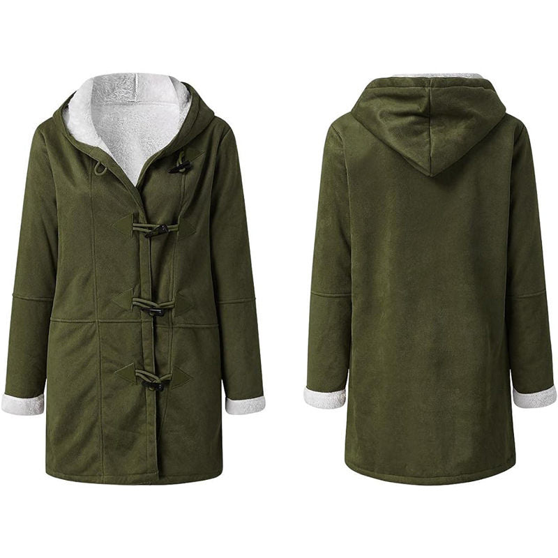 Beakey Fleece Jackets for Women Horn Button Winter Hooded Outwear-Army Green