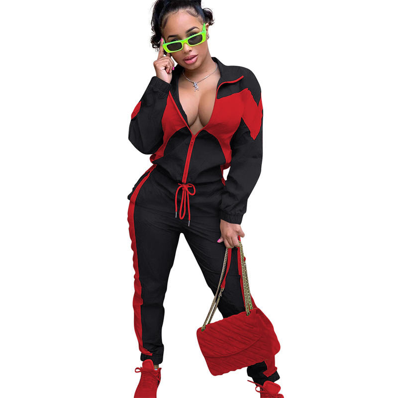 Beakey Womens Windbreaker Jacket Pants Colorblock Patchwork Tracksuit-Black