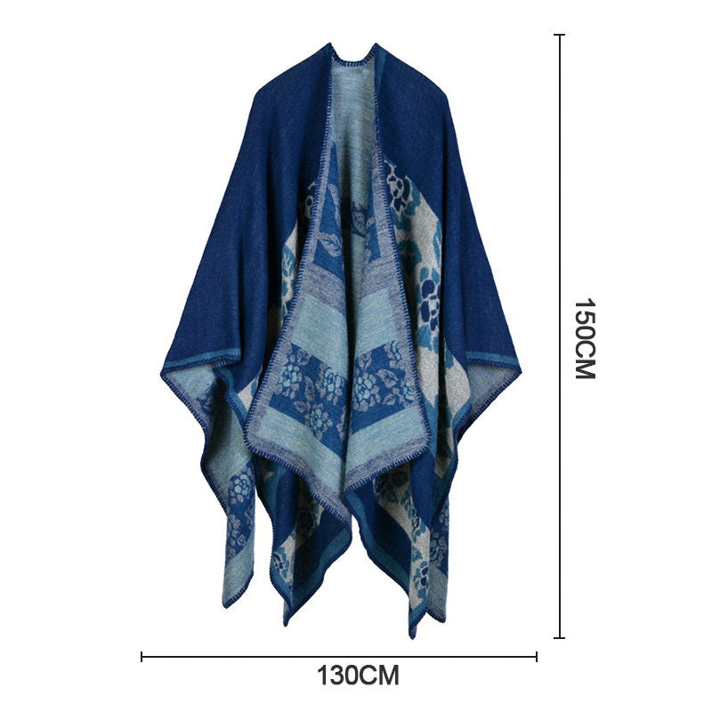 Beakey Womens Winter Reversible Oversized Blanket Cape Shawl-Flower Navy