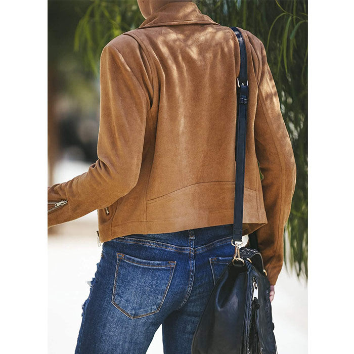 Beakey Women's Multiple Zippers Notch Collar Moto Jacket Casual Short Coat-Dark Khaki-YC0271
