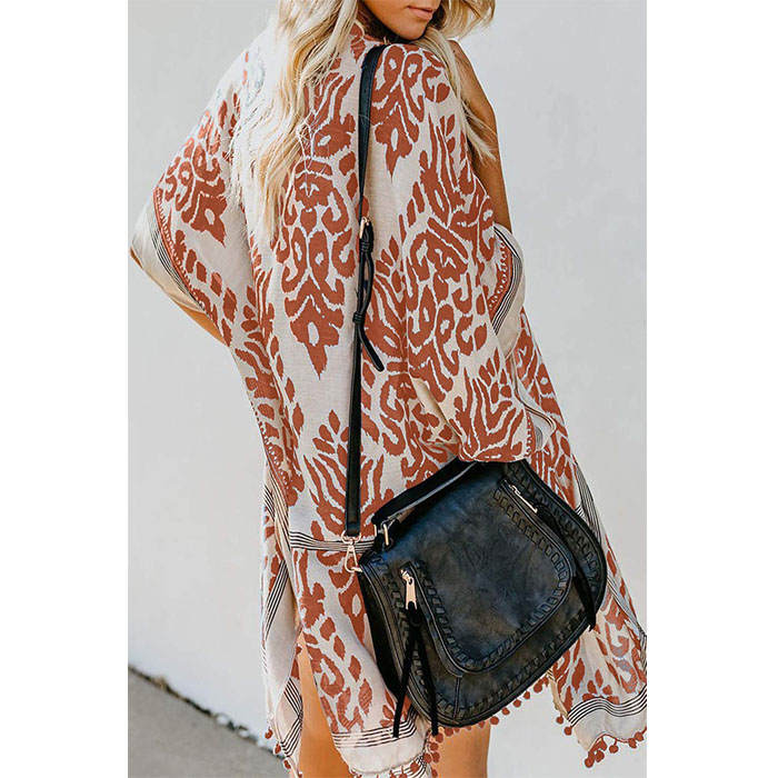 Beakey Women Print Kimono Tassel Casual Cardigan V Neck Loose Swimsuit Cover Up Beachwear-Pink