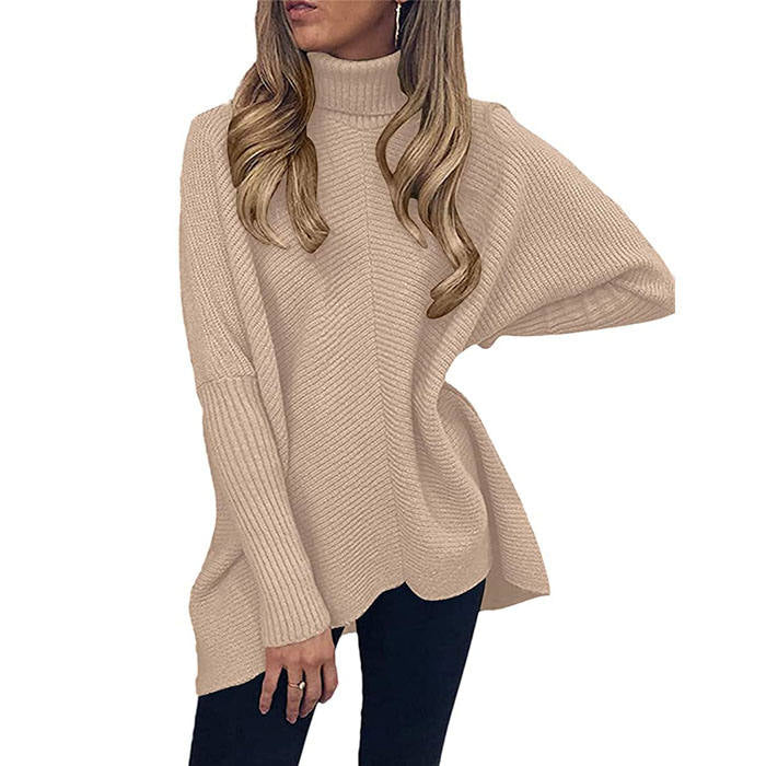 Beakey Womens Turtleneck Long Sweater Batwing Sleeve Asymmetric Hem Pullover Knit Tops-Apricot-YY528