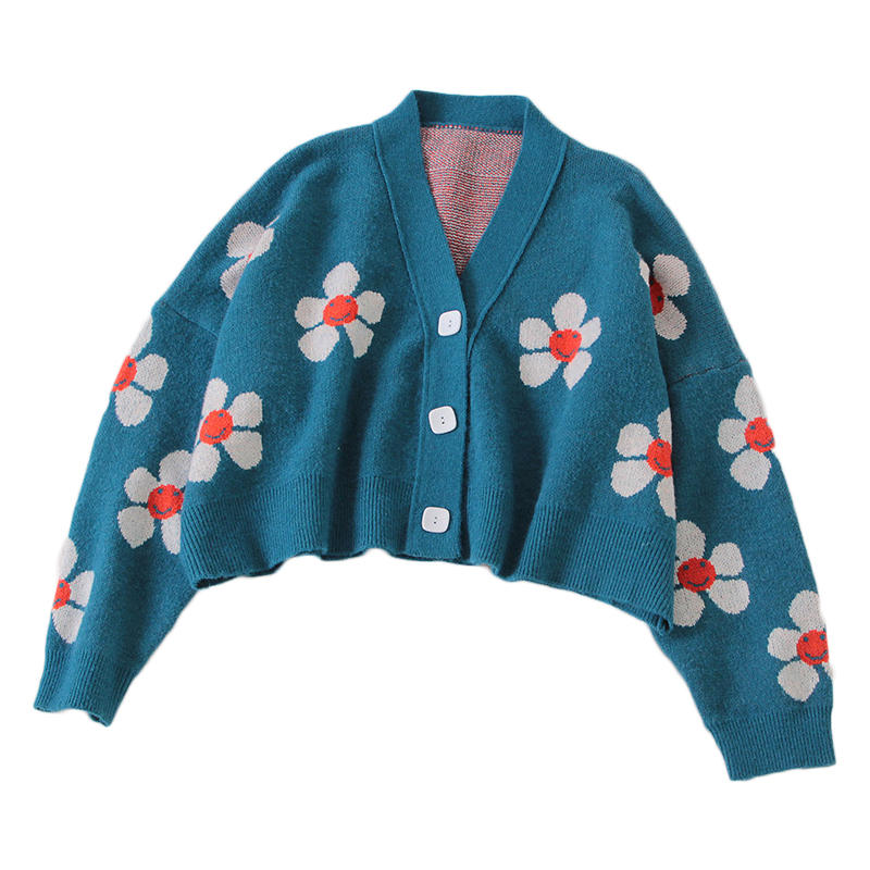 Beakey Womens Flower Cardigan V Neck  Button Down Open Front Sweater-DarkBlue