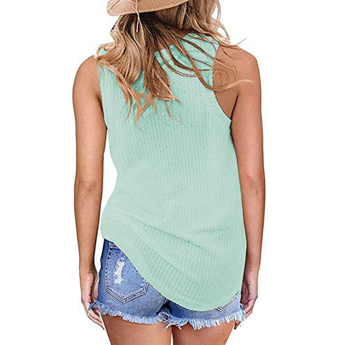 Beakey Womens Waffle Knit Vest Casual Blouse Sleeveless Twist Knot Tank Tops-Sky Blue-YT8829