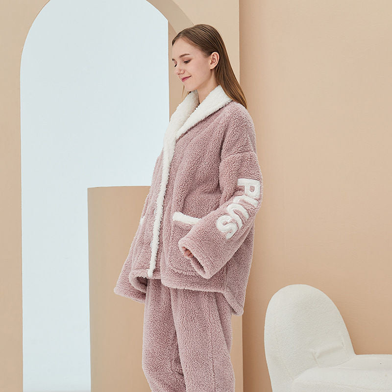Beakey Womens Winter Fleece Pajamas Set Warm Loungewear-Pink