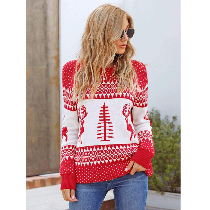 Beakey Women Long Sleeve Christmas Tree Reindeer Holiday Knit Sweater Pullover-Red-CFB0032