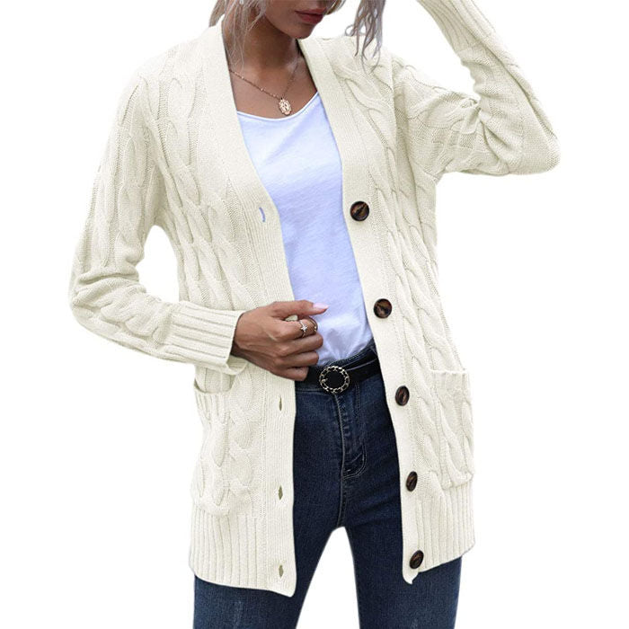 Beakey Women's Winter Keep Warm Long Sleeve Knit Sweater Cardigan Button Loose Outerwear-Off-white-YL220187