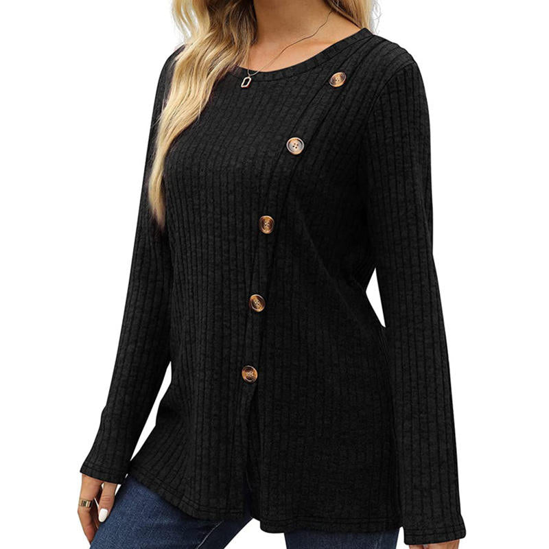 Beakey Long Sleeve Tops for Women Button Decor Loose Tunic Blouse-Black