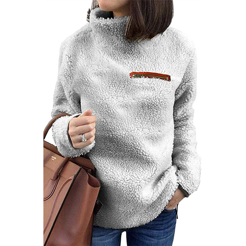 Beakey Womens Turtleneck Sweatshirt Winter Faux Fuzzy Sherpa Pullover-Light Gray
