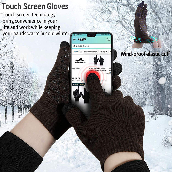 Beakey Winter Woman Gloves Upgraded Touch Screen Anti-Slip Silicone Gel Elastic Cuff Thermal-Brown-DZ32
