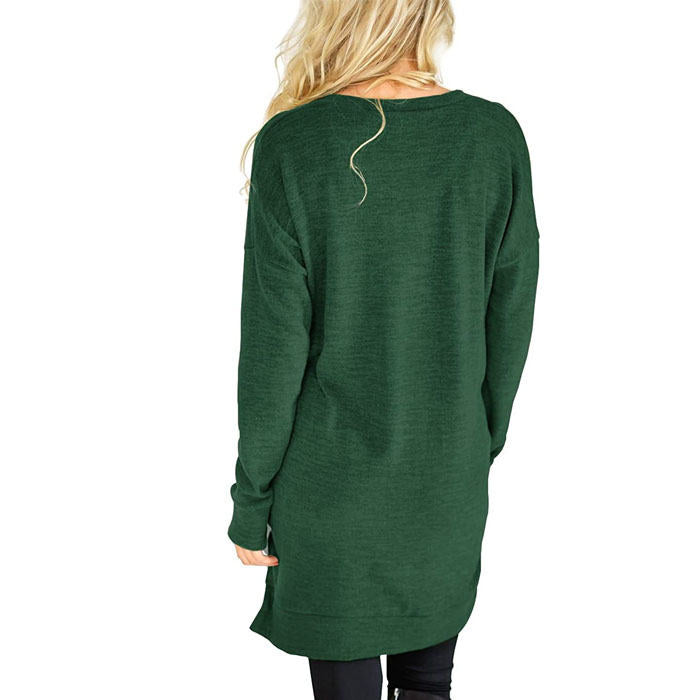 Beakey Womens Casual V Neck Long Sleeves Pocket Solid Color Sweatshirt Split Tops-Green-W0083