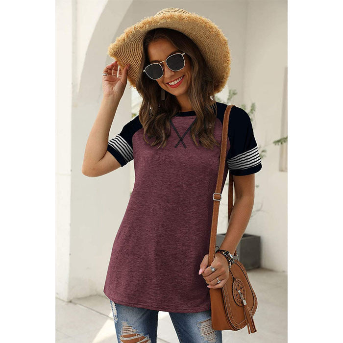 Beakey Womens T Shirts Round Neck Short Sleeve Striped Color Block Casual Tops-Purple-025