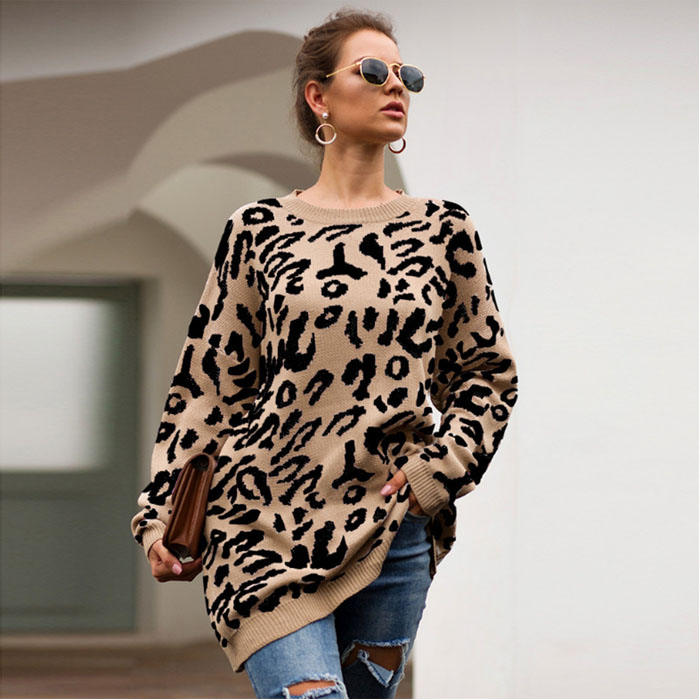 Beakey Women¡¯s Leopard Print Long Sleeve Knitted Oversized Pullover Sweaters-Khaki-HT20200301