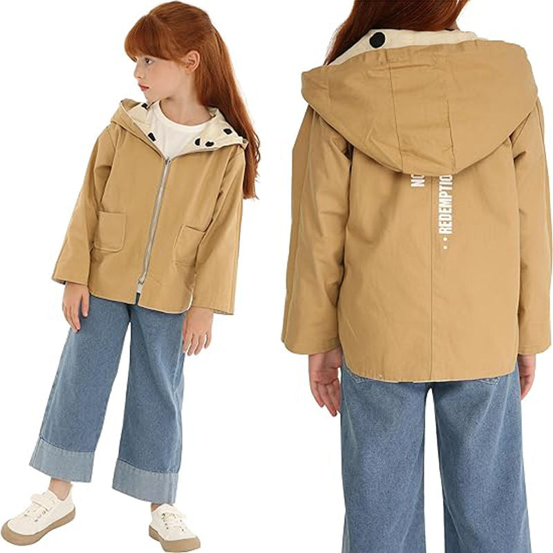 Beakey Cute Dot Hooded Jacket for Girls Reversible Full Zipper Outerwear-Khaki