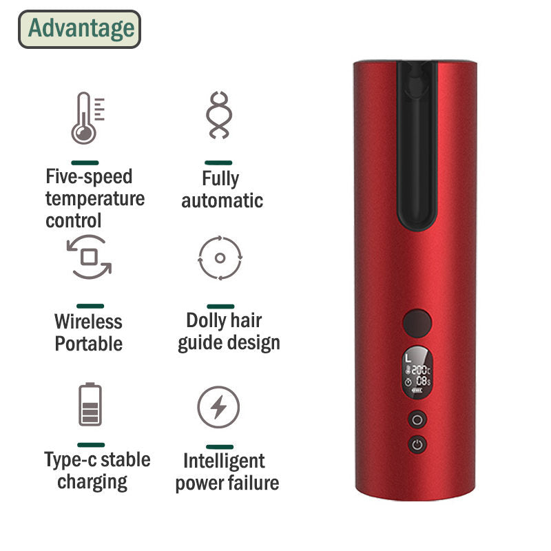 Beakey Auto Hair Curler Cordless Rechargeable LCD Display with 5 Temps-Red
