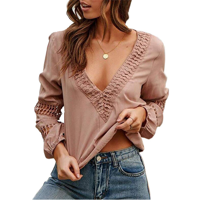 Beakey Womens V Neck Lantern Long Sleeve Blouse Hollow Out Casual Shirts-Pink-80082