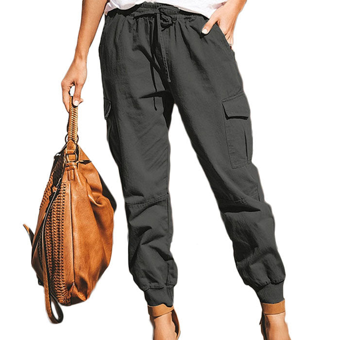 Beakey Women's Fashion Waist Cargo Pants Drawstring Trousers with Pockets-Gray-D29
