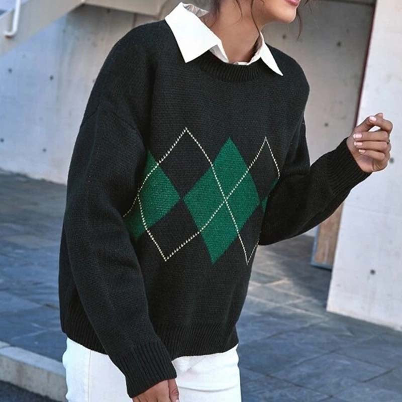 Beakey Women Plaid Sweater Preppy Style Vintage Pullover-Navy Blue