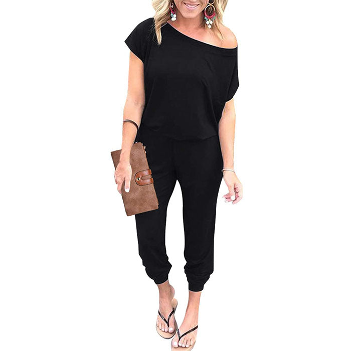 Beakey Women's Loose Solid Off Shoulder Elastic Waist Stretchy Long Romper Jumpsuit with Pockets - Black