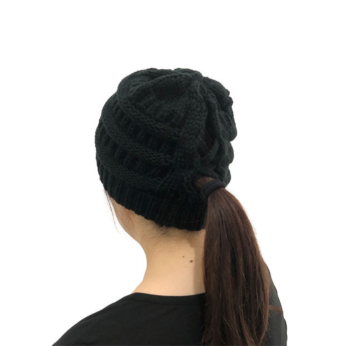 Beakey Soft Stretch Cable Knit Hat Ponytail Beanie Winter Hat For Women-Black