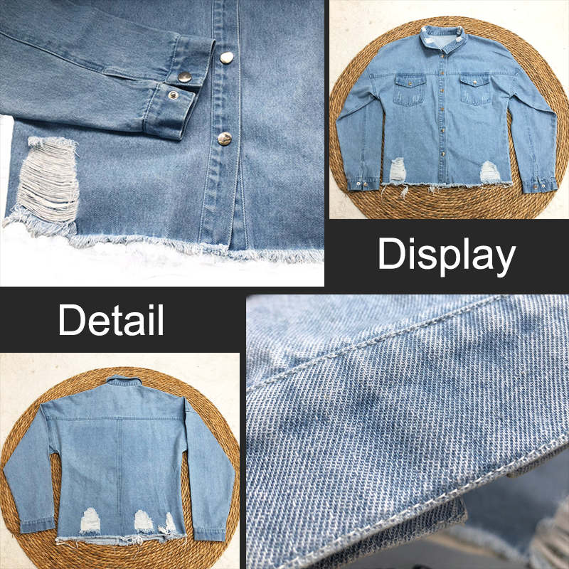 Beakey Women Ripped Denim Jacket Boyfriend Mid Long Trucker Coat-LightBlue