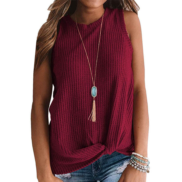 Beakey Womens Waffle Knit Vest Casual Blouse Sleeveless Twist Knot Tank Tops-Wine Red-YT8829