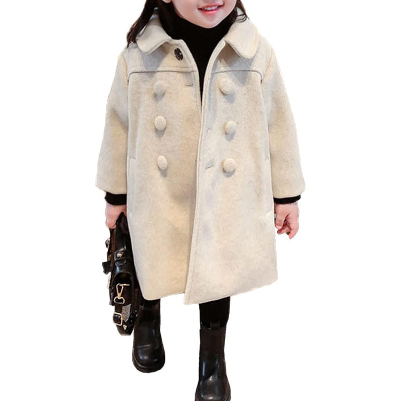 Beakey Long Pea Coat for Kids Girls Long Sleeve Button Outerwear Winter-Beige