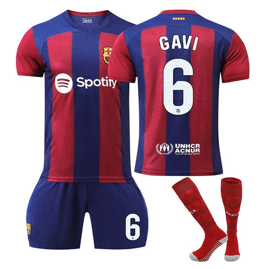 Beakey Barca Home Jersey GAVI #6 Soccer Jersey Kids Adult 3-Pieces Jersey Kits