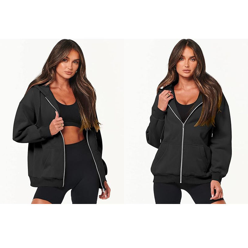 Beakey Womens Zip Up Hoodies with Pockets Y2K Oversized Sweatshirts-Black