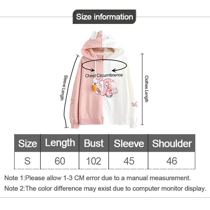 Beakey Womens Cute Hoodie Cat Rabbit Patchwork Pullover-PinkWhite