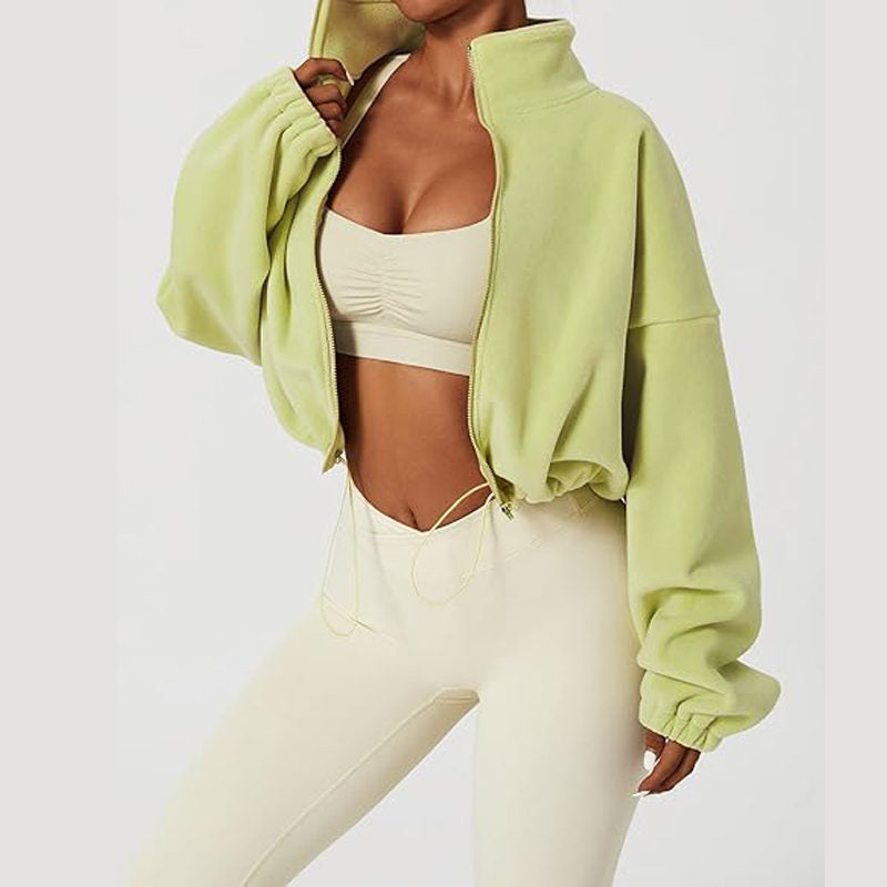 Beakey Womens Fleece Crop Jacket Full Zip Stand Collar Winter Coat-Green