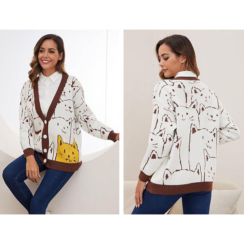 Beakey Kawaii Cat Sweater for Women Button Down V Neck Knitted Cardigan-Coffee