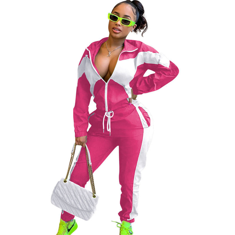 Beakey Womens Windbreaker Jacket Pants Colorblock Patchwork Tracksuit-Pink