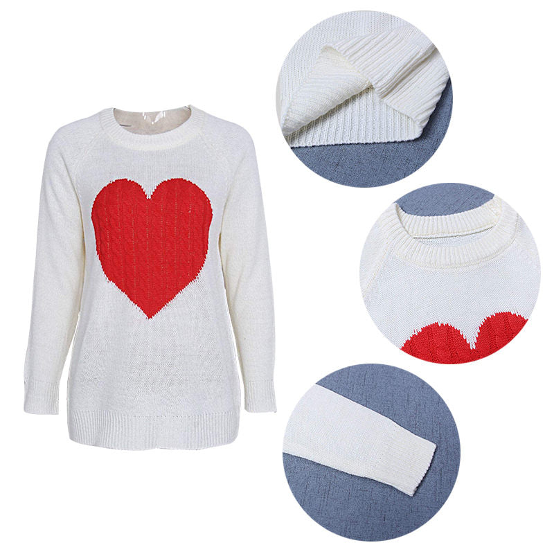 Beakey Women's Long Sleeve Pullover Sweater CrewNeck Cute Heart Knit Sweater-White Red