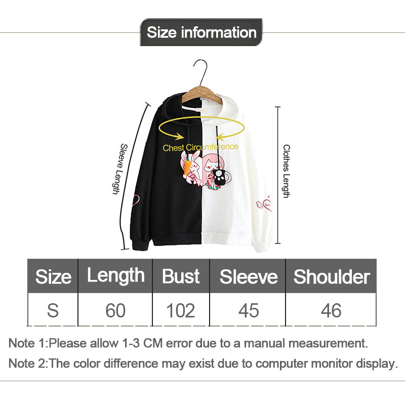 Beakey Womens Cute Hoodie Cat Rabbit Patchwork Pullover-BlackWhite