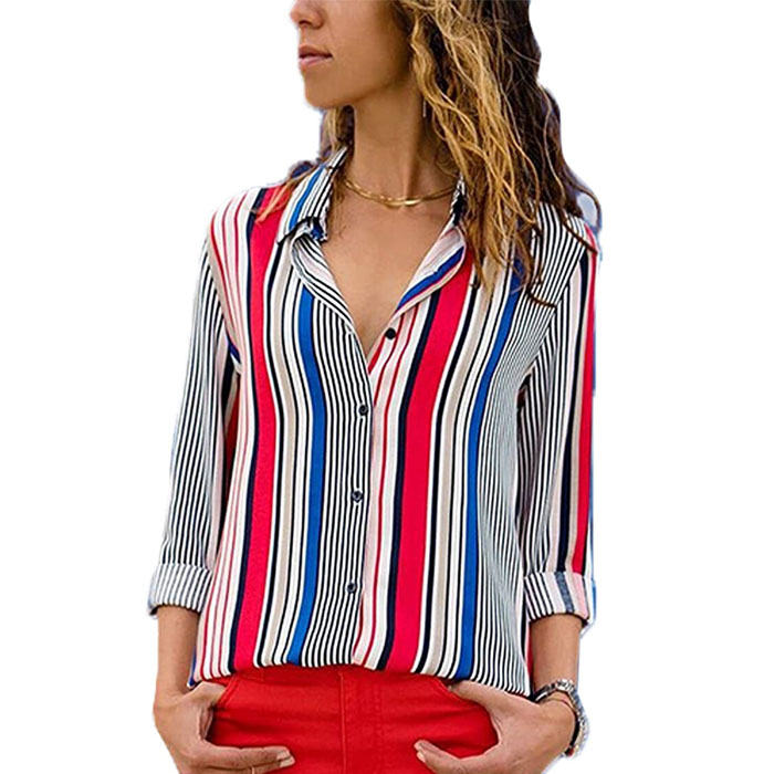 Beakey Women Autumn V Neck Striped Printing Roll up Sleeve Button Down Blouses Top-Red-623